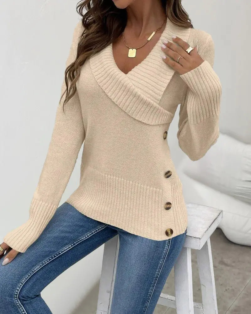 Chlea | Lapel V-Neck Button Knit Sweater