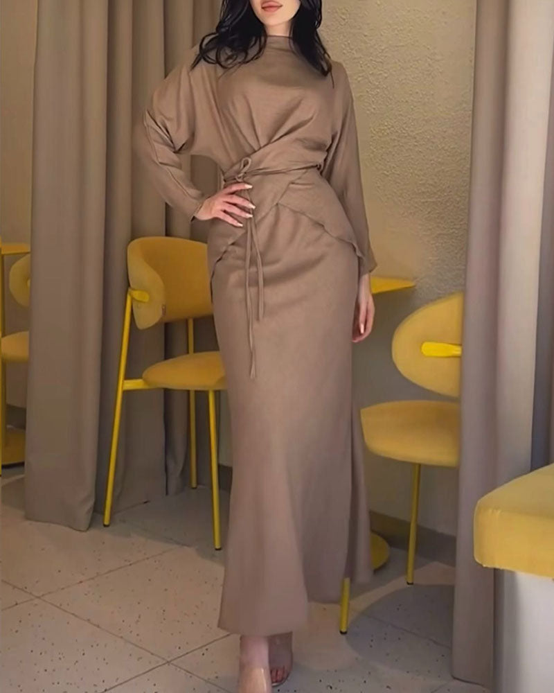 Camelle™ | Boat Neck Crisscross Waist Two Pieces Dress