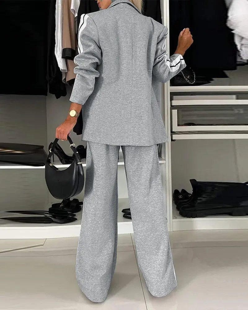 Avaia | Striped Tape Notched Collar Blazer & Wide-Leg Pants Set