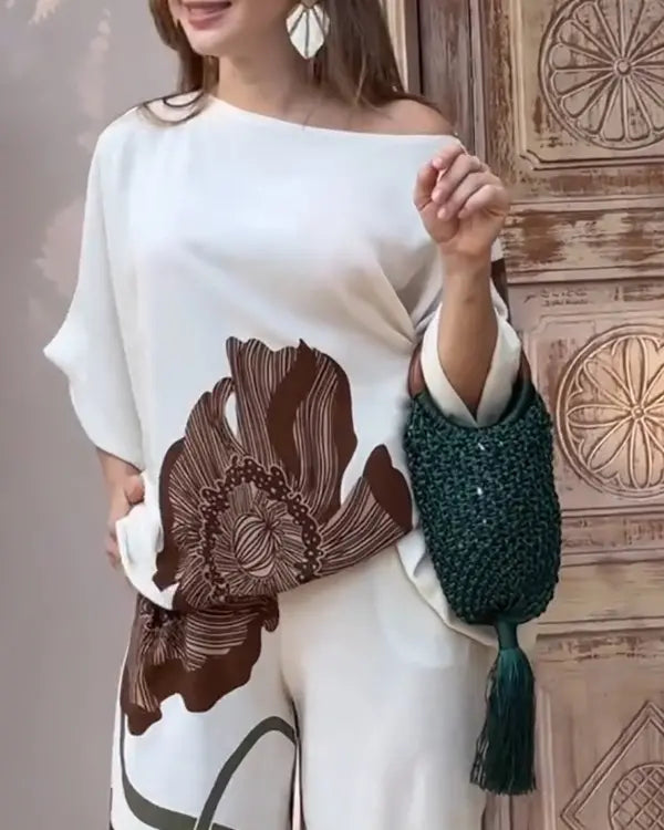 Seyran | Floral Print Skew Neck Batwing Sleeve Top & Loose Fit Straight Leg Pants Set