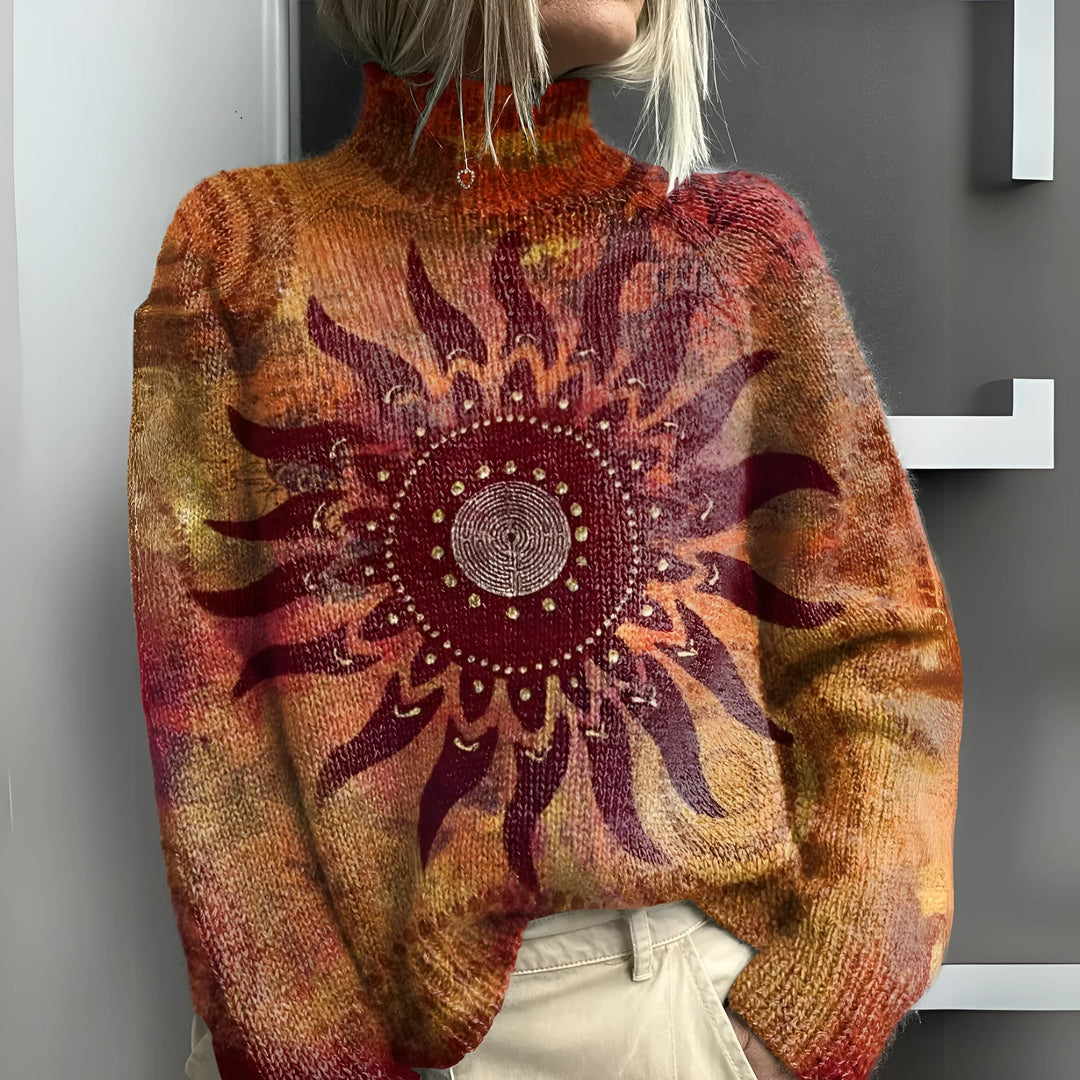 Eline™ | - Warm knitted turtleneck sweater with tribal sun motif