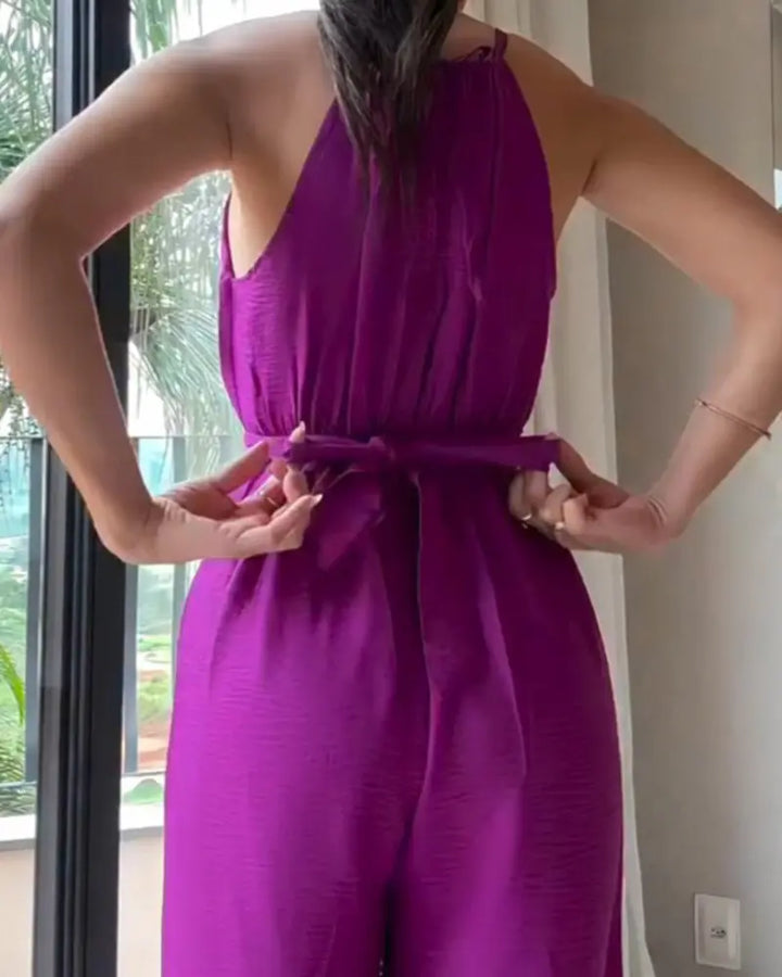 Ellea | Halter Lace-up Sleeveless Ruched Waist Loose Fit Jumpsuit