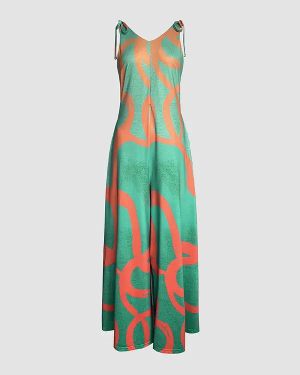 Lily | Floral Print V-Neck Lace-Up Shoulder Jumpsuit with Pockets & Wide Leg Romper