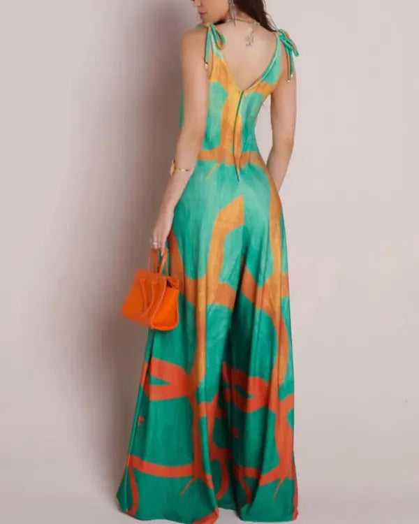 Lily | Floral Print V-Neck Lace-Up Shoulder Jumpsuit with Pockets & Wide Leg Romper