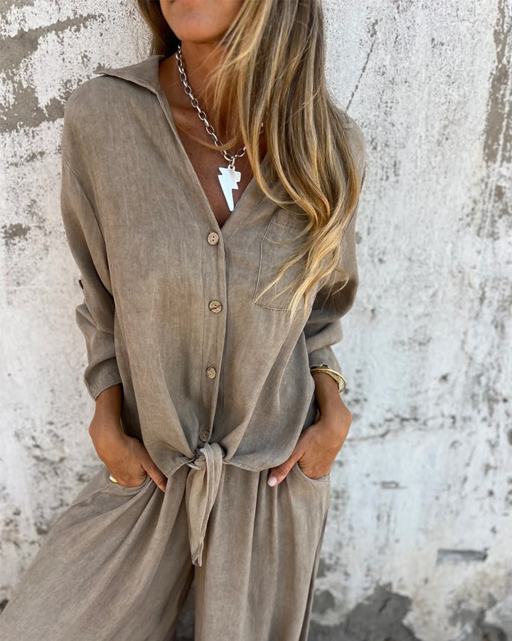 Arielle™ | Solid Shirt and Wide-Leg Two-Piece Ensemble