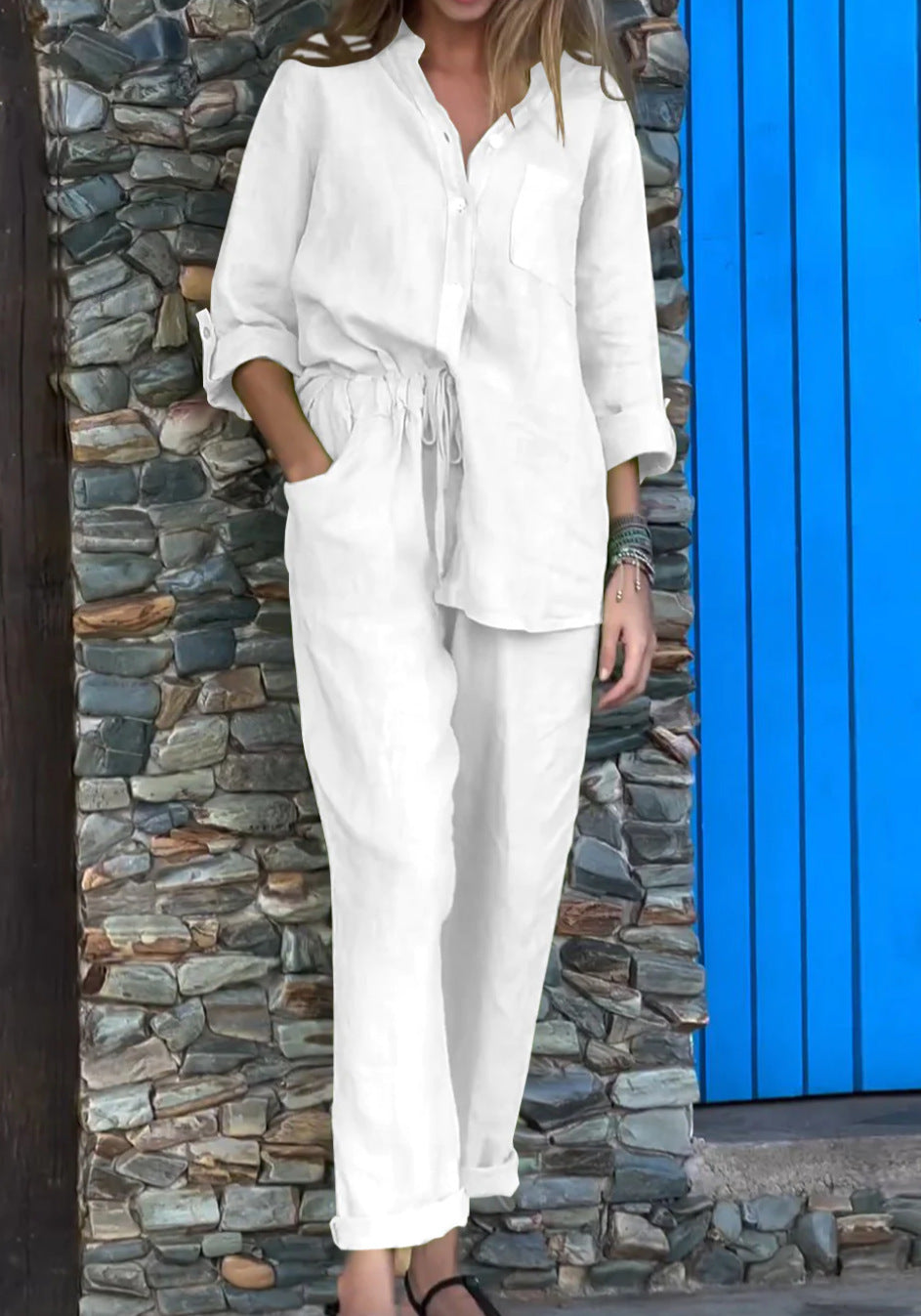 Amara™ | Casual Solid Color V-Neck Shirt & Pants Cotton Linen Two-Piece Set