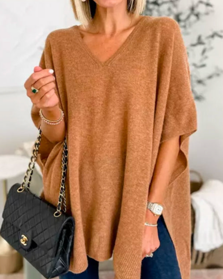 ERICA™ | - V Neck Loose Fit Solid Poncho Sweater