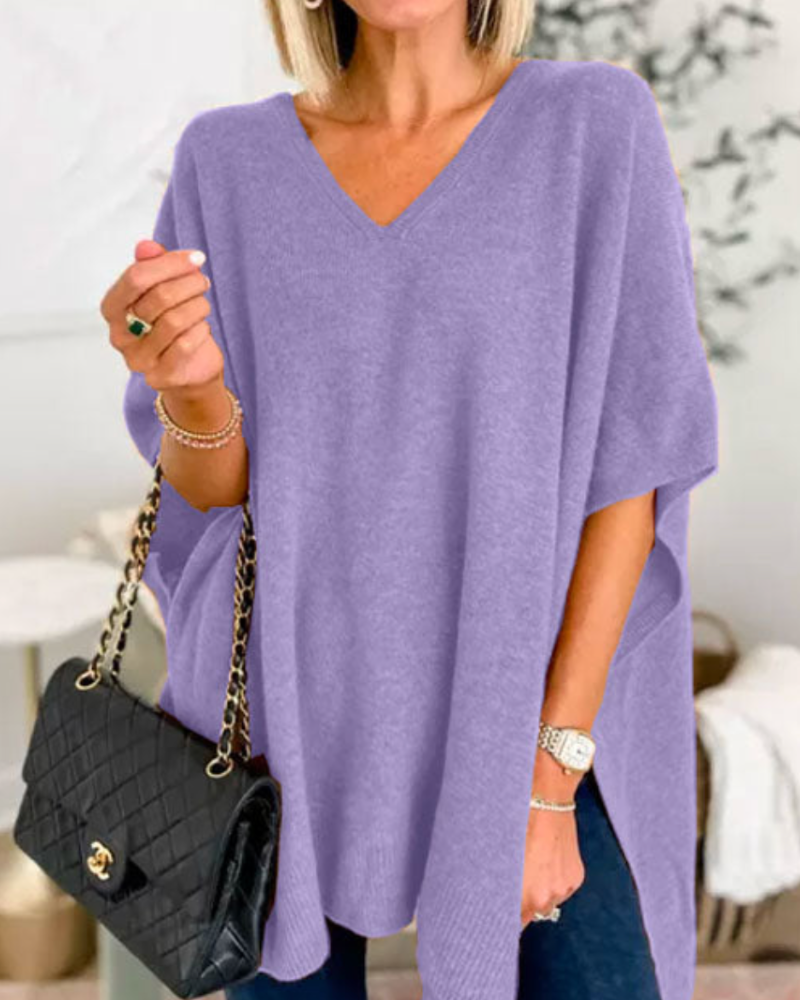 ERICA™ | - V Neck Loose Fit Solid Poncho Sweater