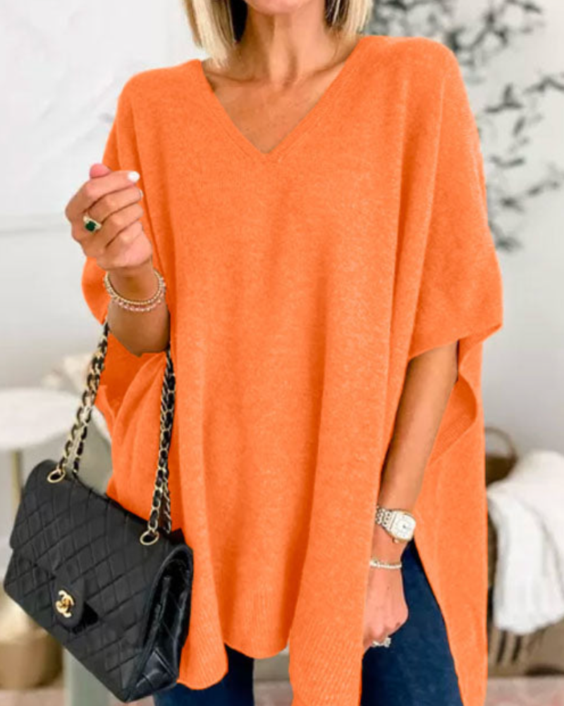 ERICA™ | - V Neck Loose Fit Solid Poncho Sweater