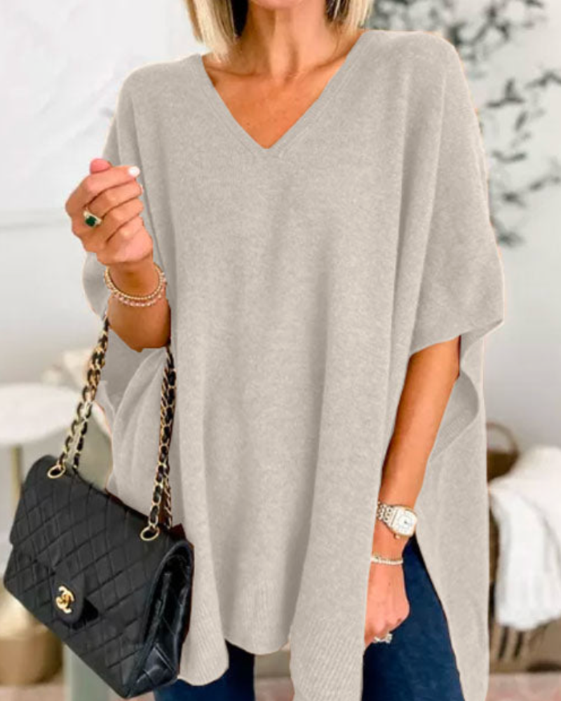 ERICA™ | - V Neck Loose Fit Solid Poncho Sweater