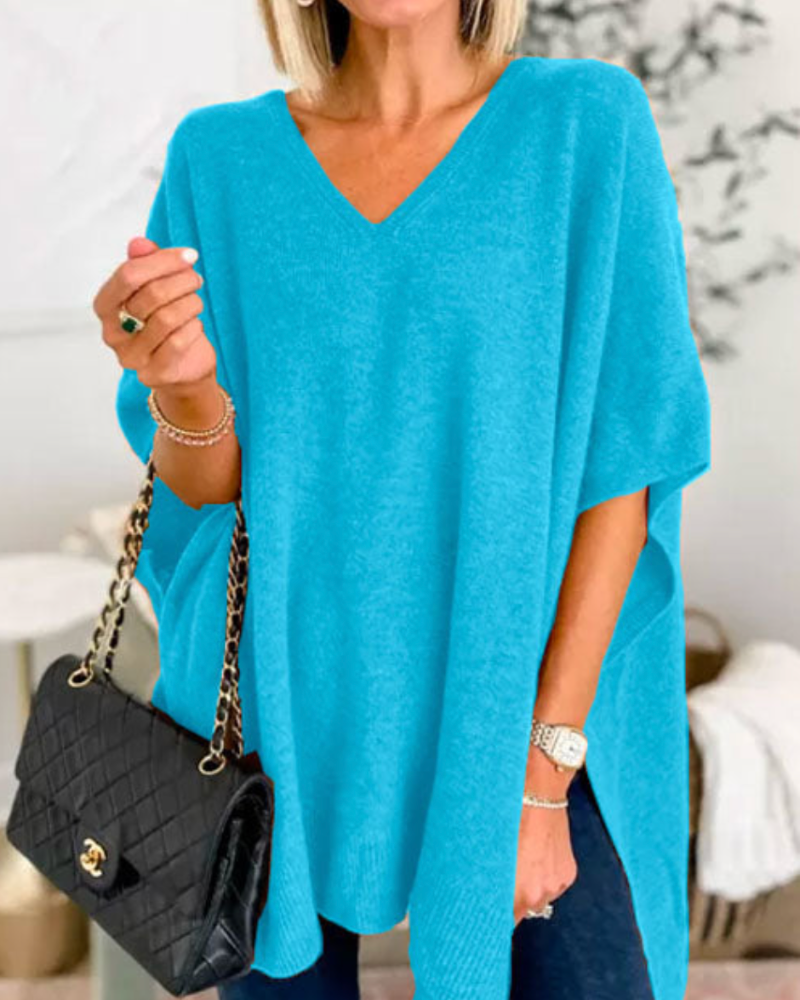 ERICA™ | - V Neck Loose Fit Solid Poncho Sweater