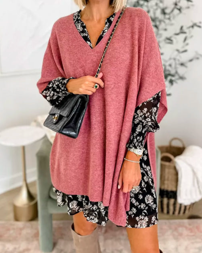 ERICA™ | - V Neck Loose Fit Solid Poncho Sweater