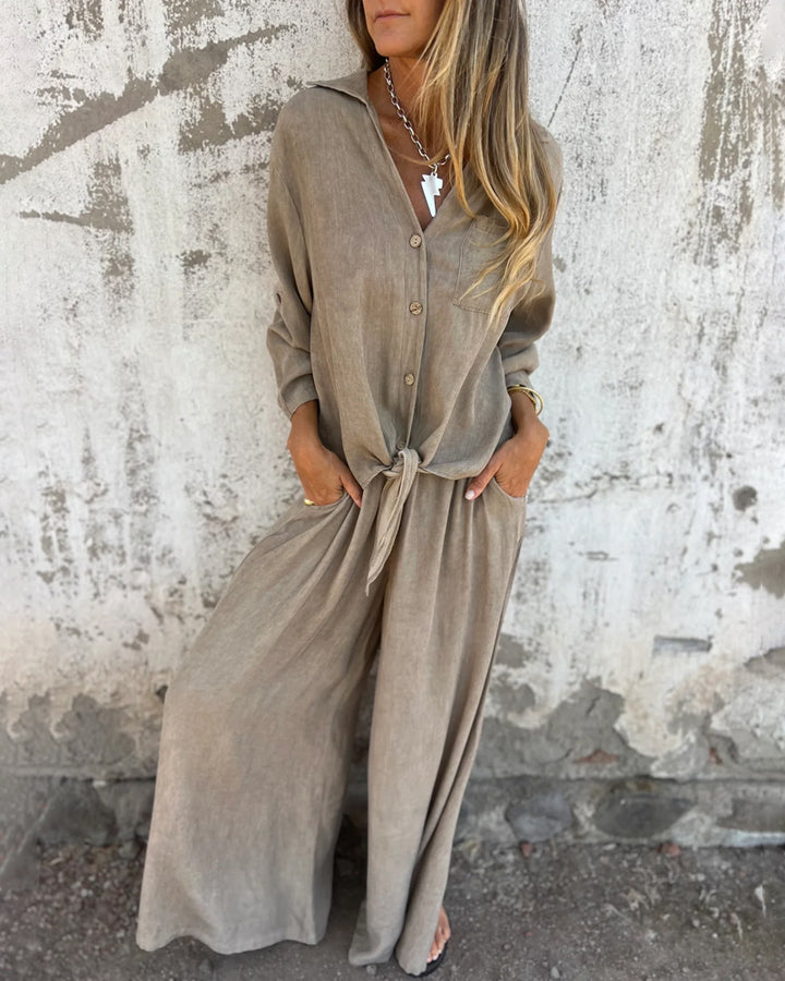 Arielle™ | Solid Shirt and Wide-Leg Two-Piece Ensemble