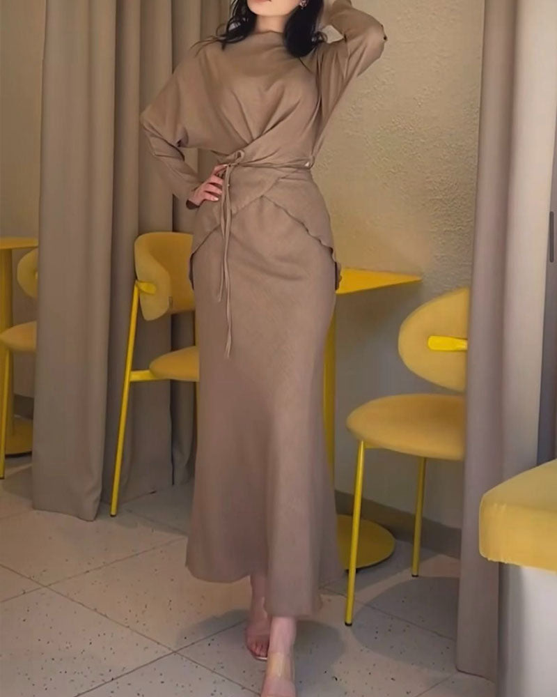 Camelle™ | Boat Neck Crisscross Waist Two Pieces Dress