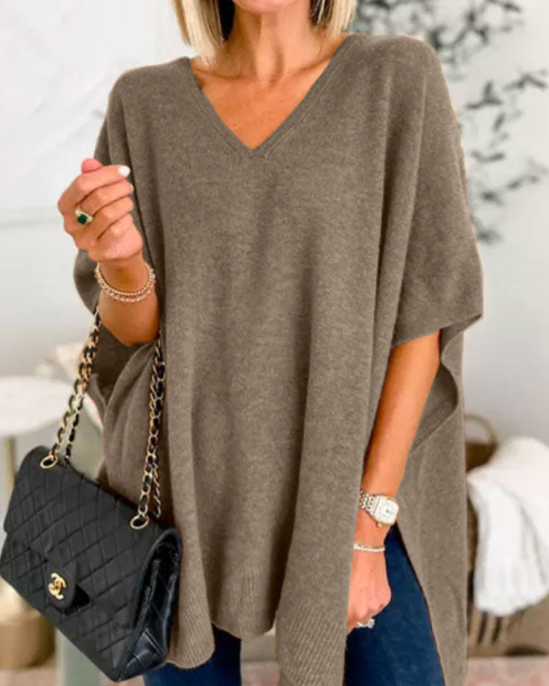 ERICA™ | - V Neck Loose Fit Solid Poncho Sweater