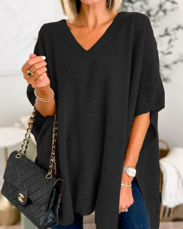 ERICA™ | - V Neck Loose Fit Solid Poncho Sweater