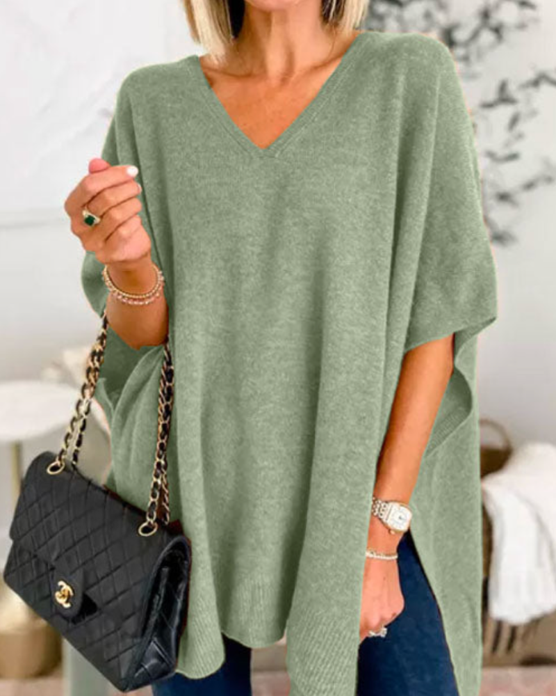 ERICA™ | - V Neck Loose Fit Solid Poncho Sweater