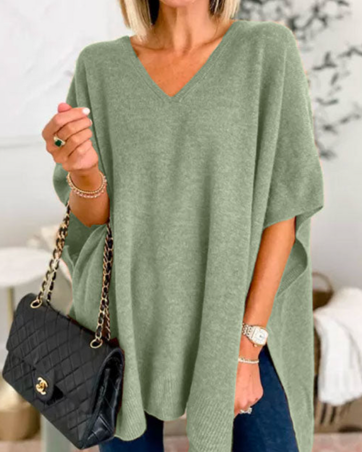 ERICA™ | - V Neck Loose Fit Solid Poncho Sweater