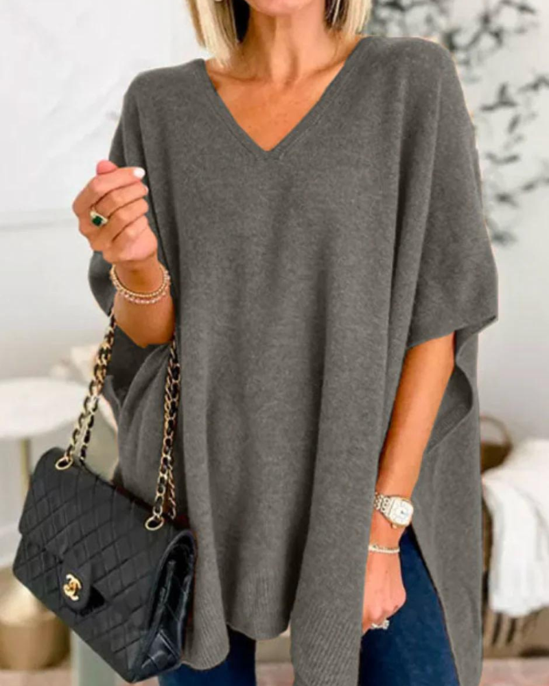 ERICA™ | - V Neck Loose Fit Solid Poncho Sweater