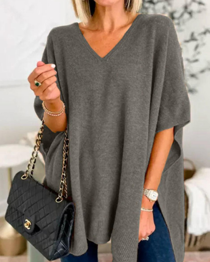 ERICA™ | - V Neck Loose Fit Solid Poncho Sweater