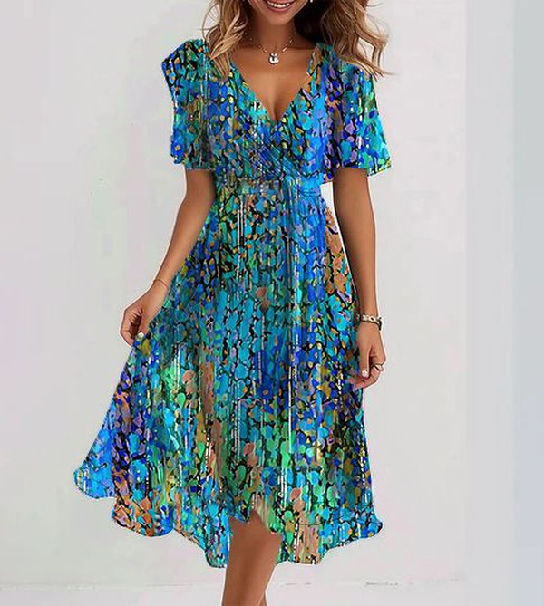 Daisy™ | Blue Midi Dress with Short Sleeves