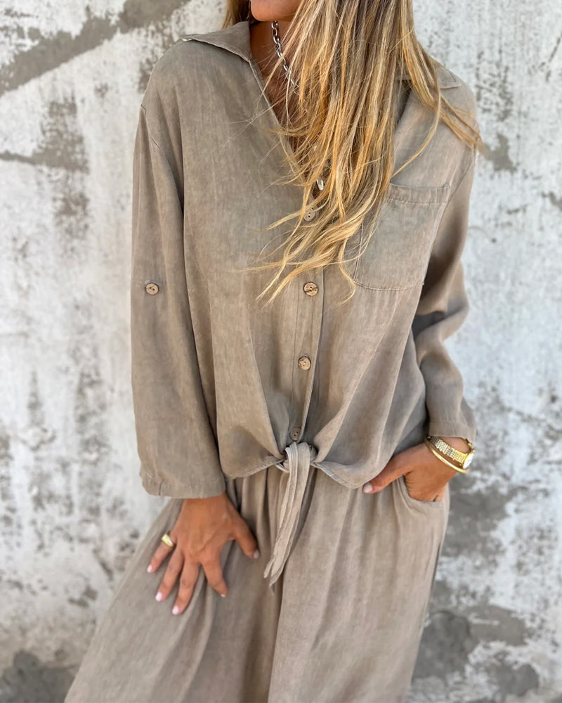 Arielle™ | Solid Shirt and Wide-Leg Two-Piece Ensemble