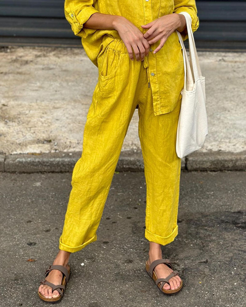 Amara™ | Casual Solid Color V-Neck Shirt & Pants Cotton Linen Two-Piece Set