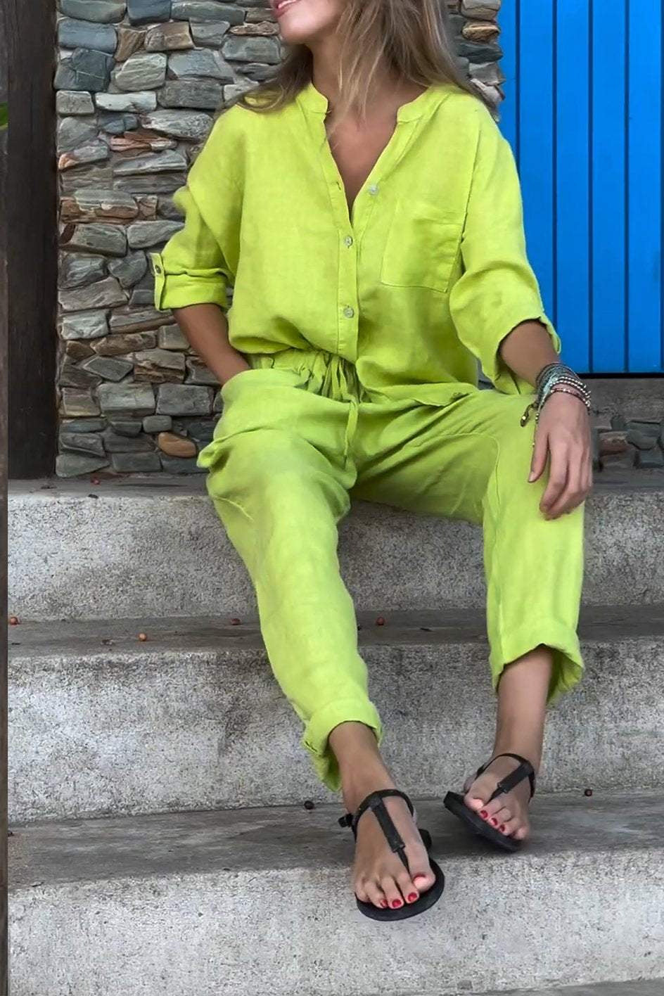 Amara™ | Casual Solid Color V-Neck Shirt & Pants Cotton Linen Two-Piece Set