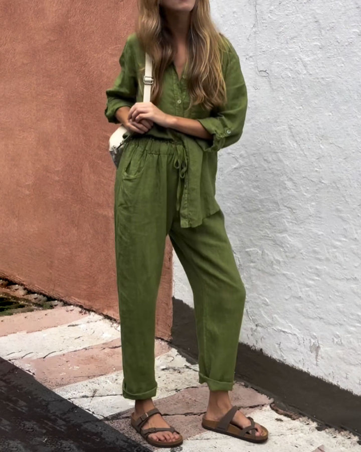 Amara™ | Casual Solid Color V-Neck Shirt & Pants Cotton Linen Two-Piece Set