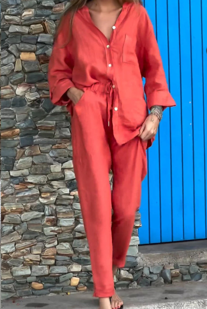 Amara™ | Casual Solid Color V-Neck Shirt & Pants Cotton Linen Two-Piece Set