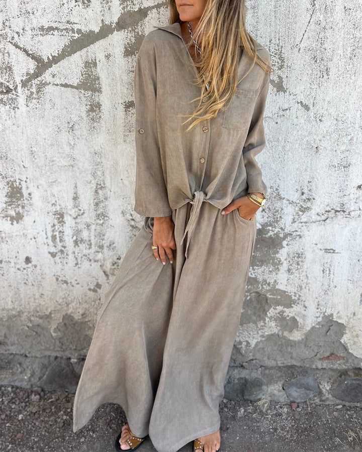 Arielle™ | Solid Shirt and Wide-Leg Two-Piece Ensemble