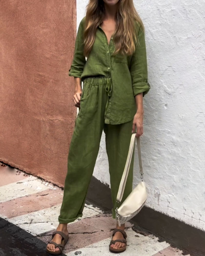 Amara™ | Casual Solid Color V-Neck Shirt & Pants Cotton Linen Two-Piece Set