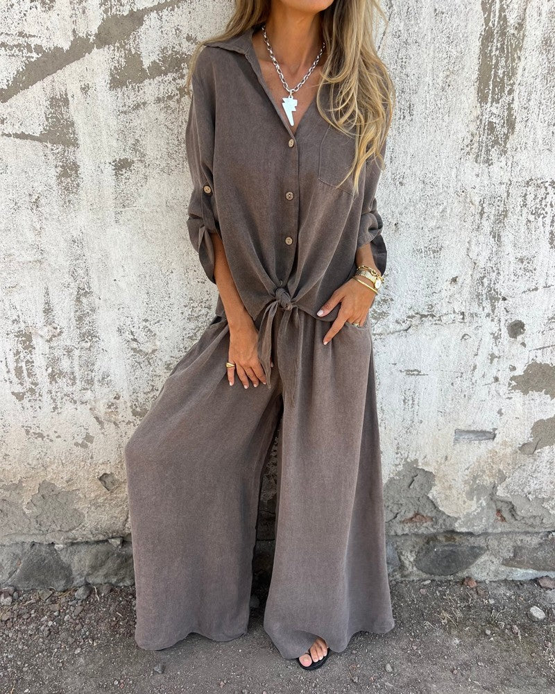 Arielle™ | Solid Shirt and Wide-Leg Two-Piece Ensemble
