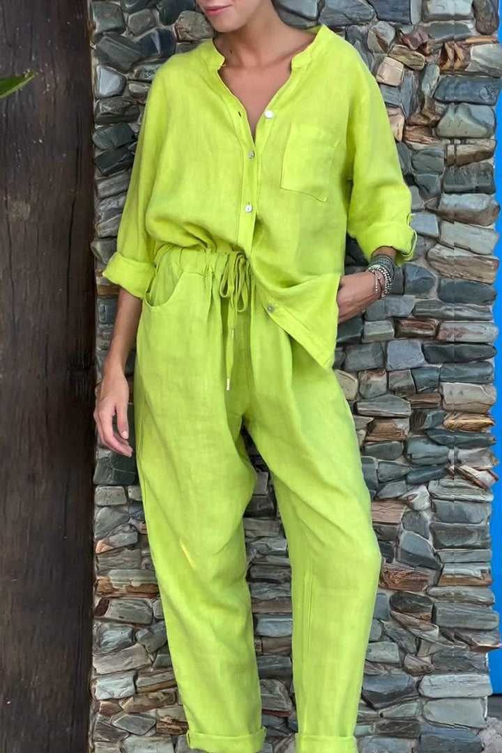 Amara™ | Casual Solid Color V-Neck Shirt & Pants Cotton Linen Two-Piece Set