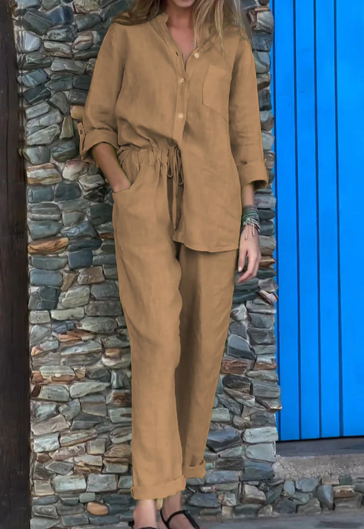 Amara™ | Casual Solid Color V-Neck Shirt & Pants Cotton Linen Two-Piece Set