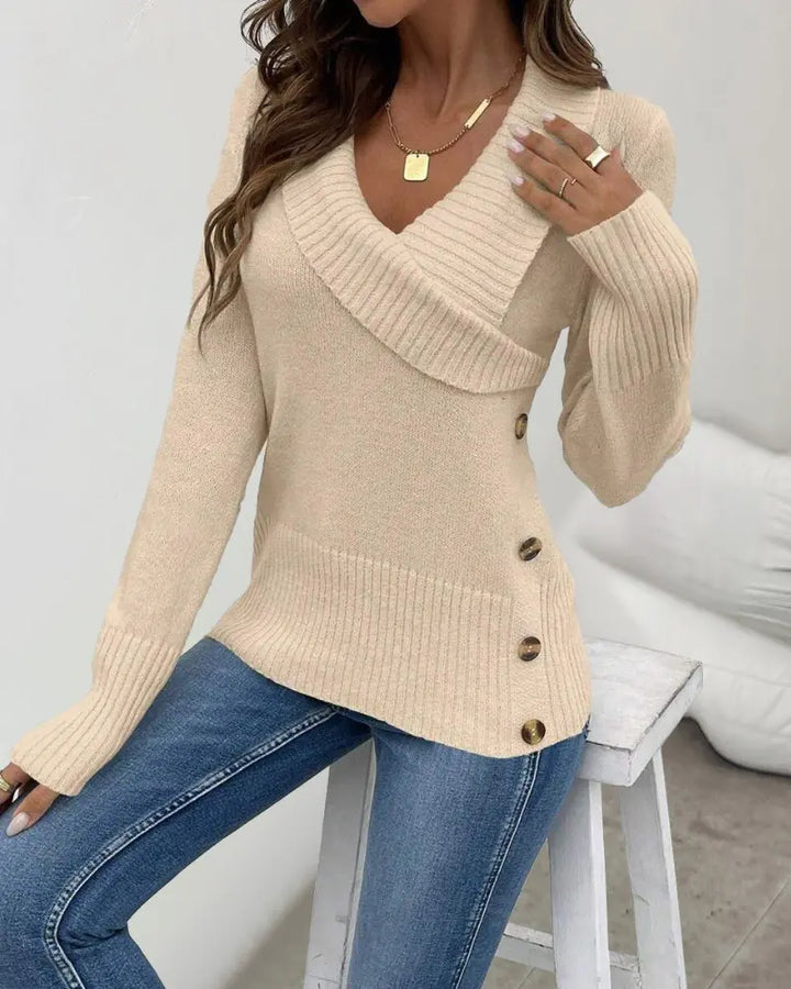 Chlea | Lapel V-Neck Button Knit Sweater