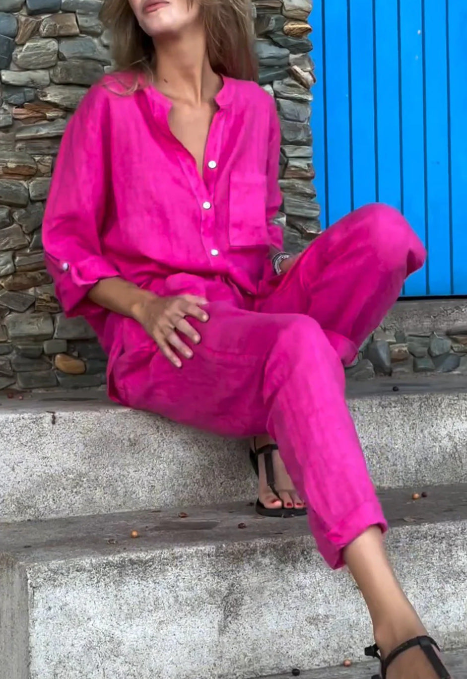 Amara™ | Casual Solid Color V-Neck Shirt & Pants Cotton Linen Two-Piece Set