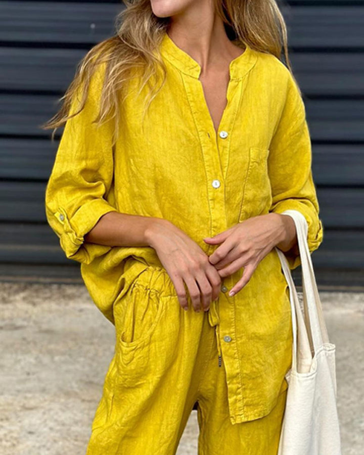 Amara™ | Casual Solid Color V-Neck Shirt & Pants Cotton Linen Two-Piece Set