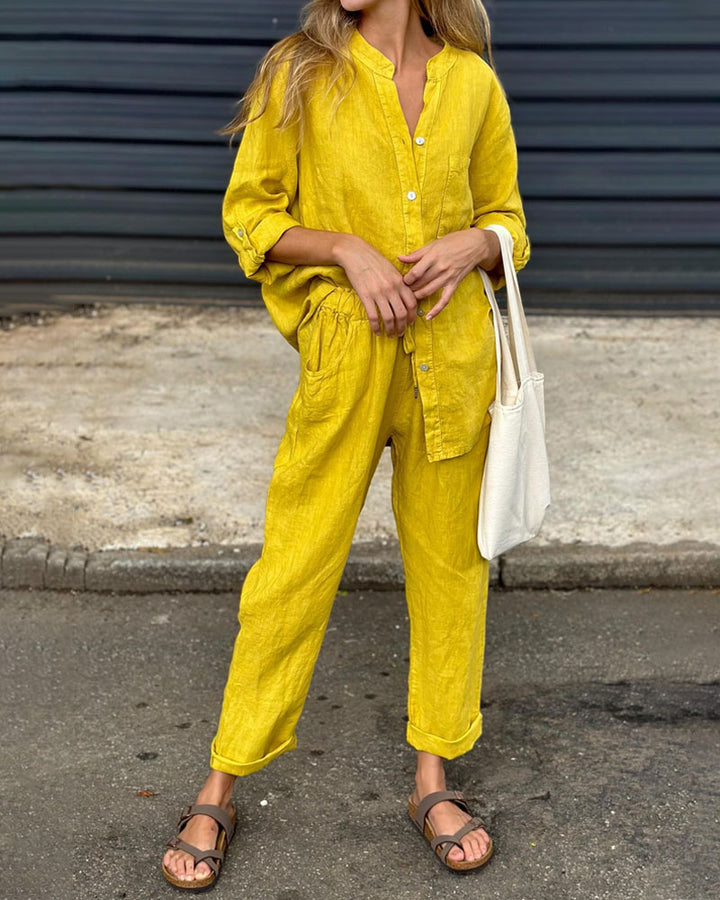 Amara™ | Casual Solid Color V-Neck Shirt & Pants Cotton Linen Two-Piece Set