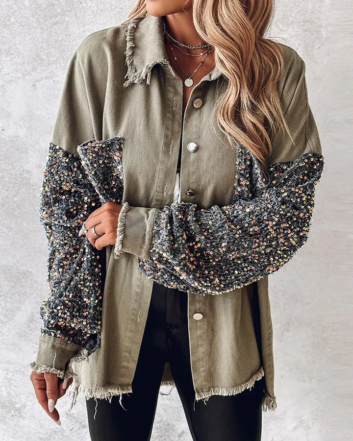 Ollie | Sequin Patchwork Button Front Raw Hem Oversized Denim Shacket