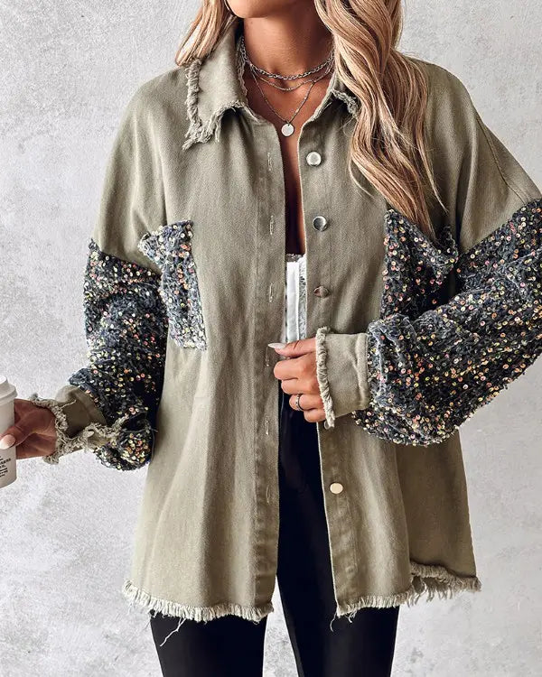Ollie | Sequin Patchwork Button Front Raw Hem Oversized Denim Shacket