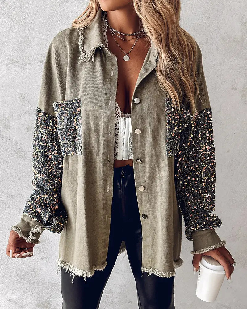 Ollie | Sequin Patchwork Button Front Raw Hem Oversized Denim Shacket
