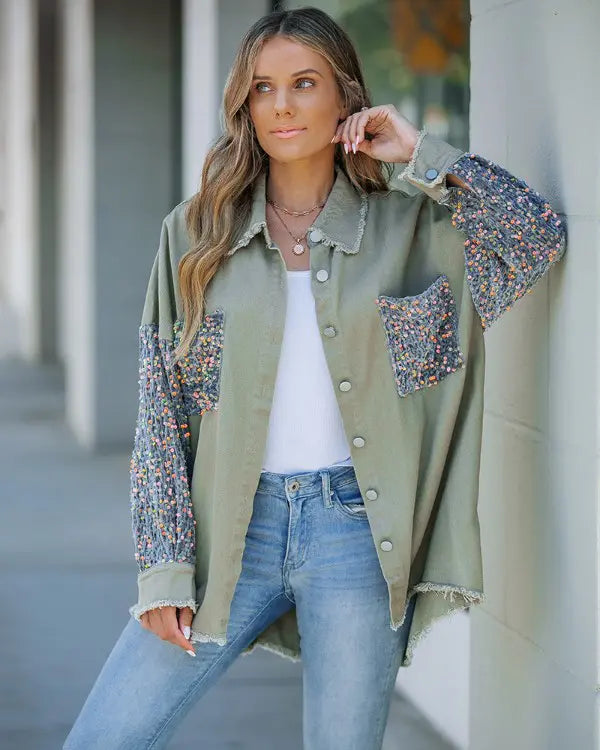Ollie | Sequin Patchwork Button Front Raw Hem Oversized Denim Shacket