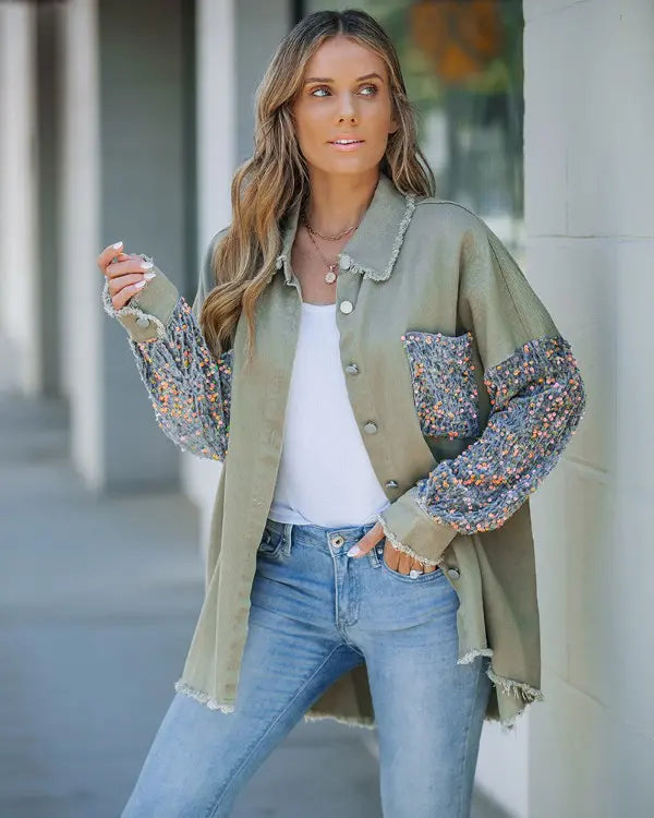 Ollie | Sequin Patchwork Button Front Raw Hem Oversized Denim Shacket