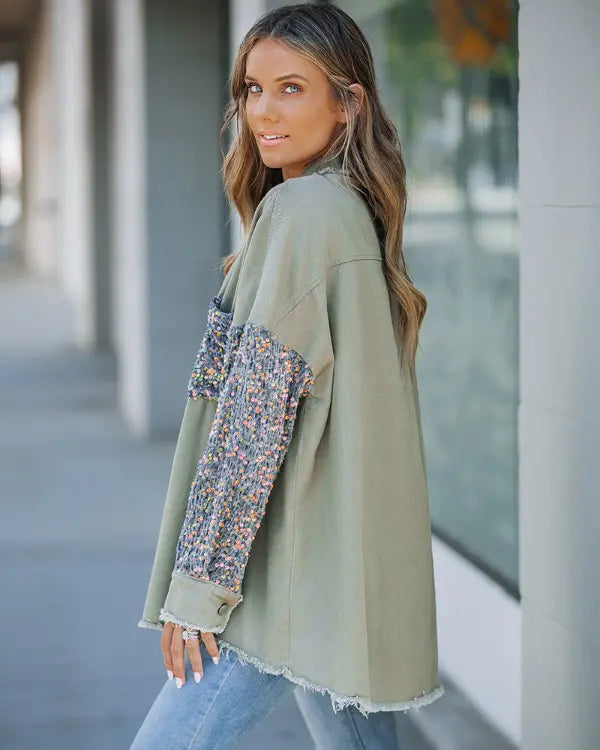 Ollie | Sequin Patchwork Button Front Raw Hem Oversized Denim Shacket