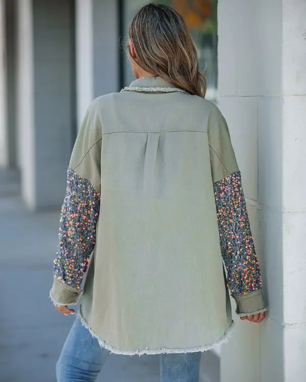 Ollie | Sequin Patchwork Button Front Raw Hem Oversized Denim Shacket