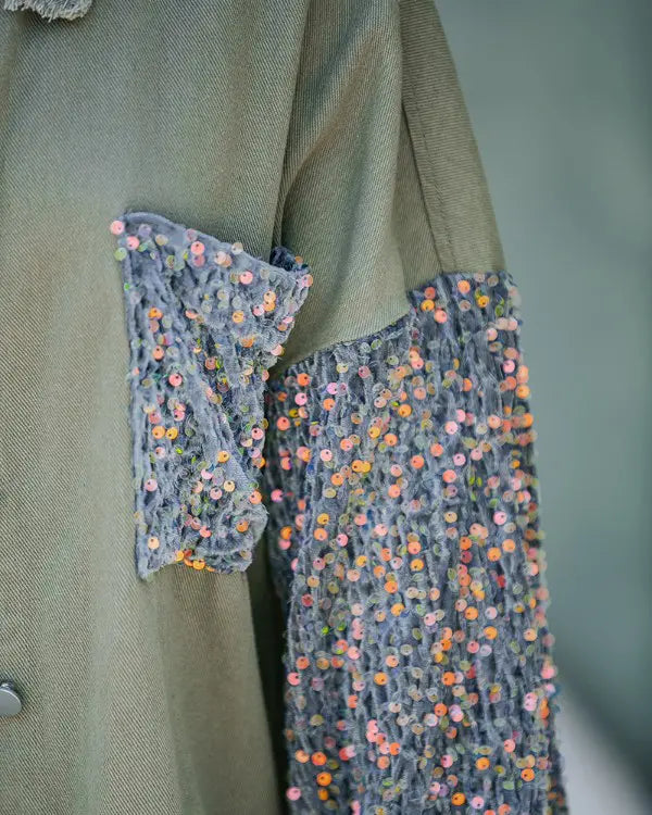 Ollie | Sequin Patchwork Button Front Raw Hem Oversized Denim Shacket