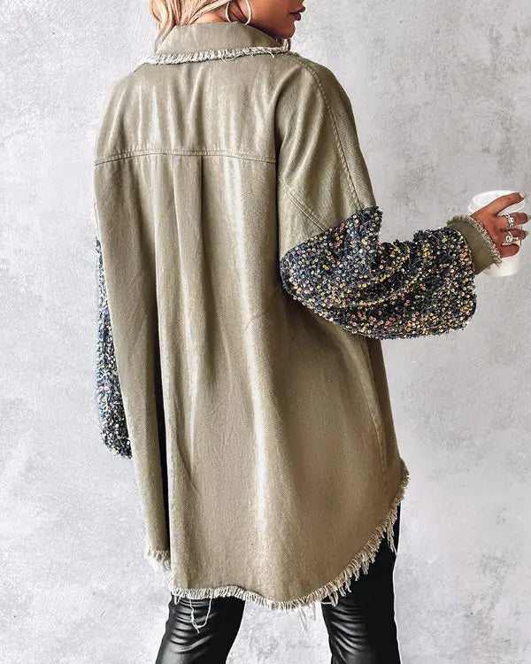 Ollie | Sequin Patchwork Button Front Raw Hem Oversized Denim Shacket