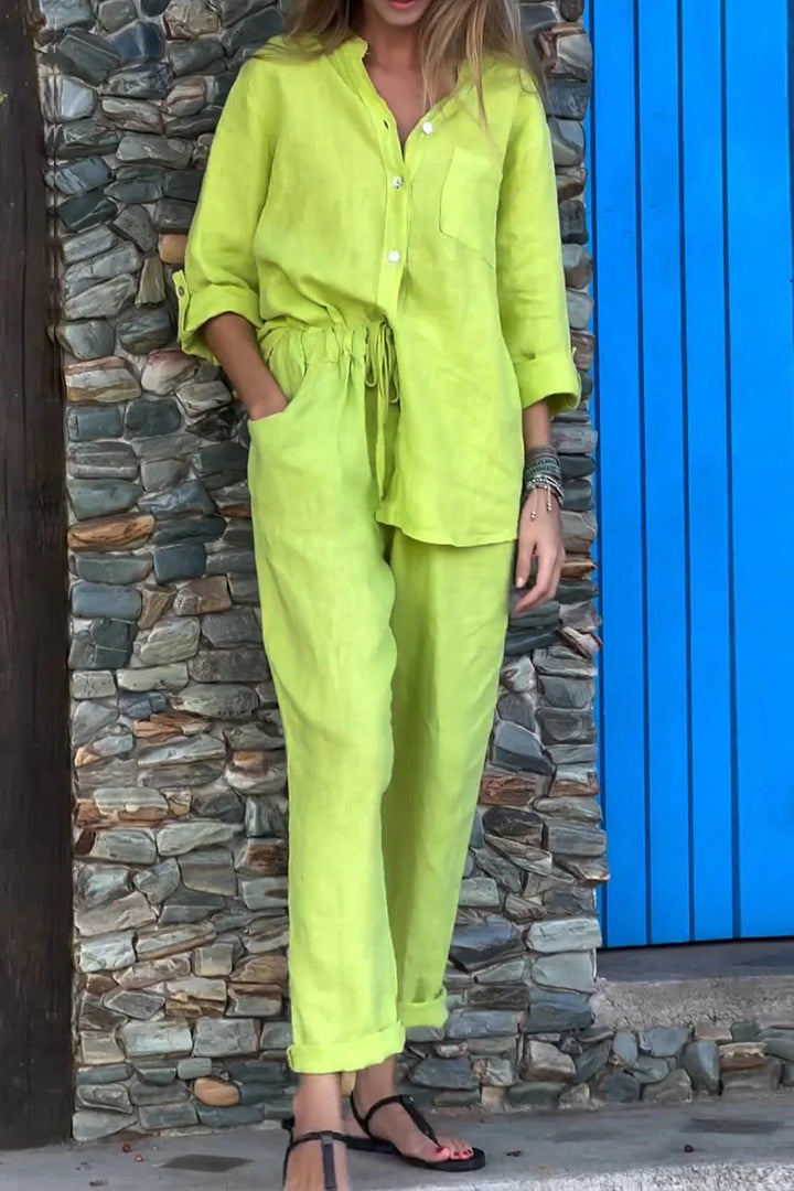 Amara™ | Casual Solid Color V-Neck Shirt & Pants Cotton Linen Two-Piece Set