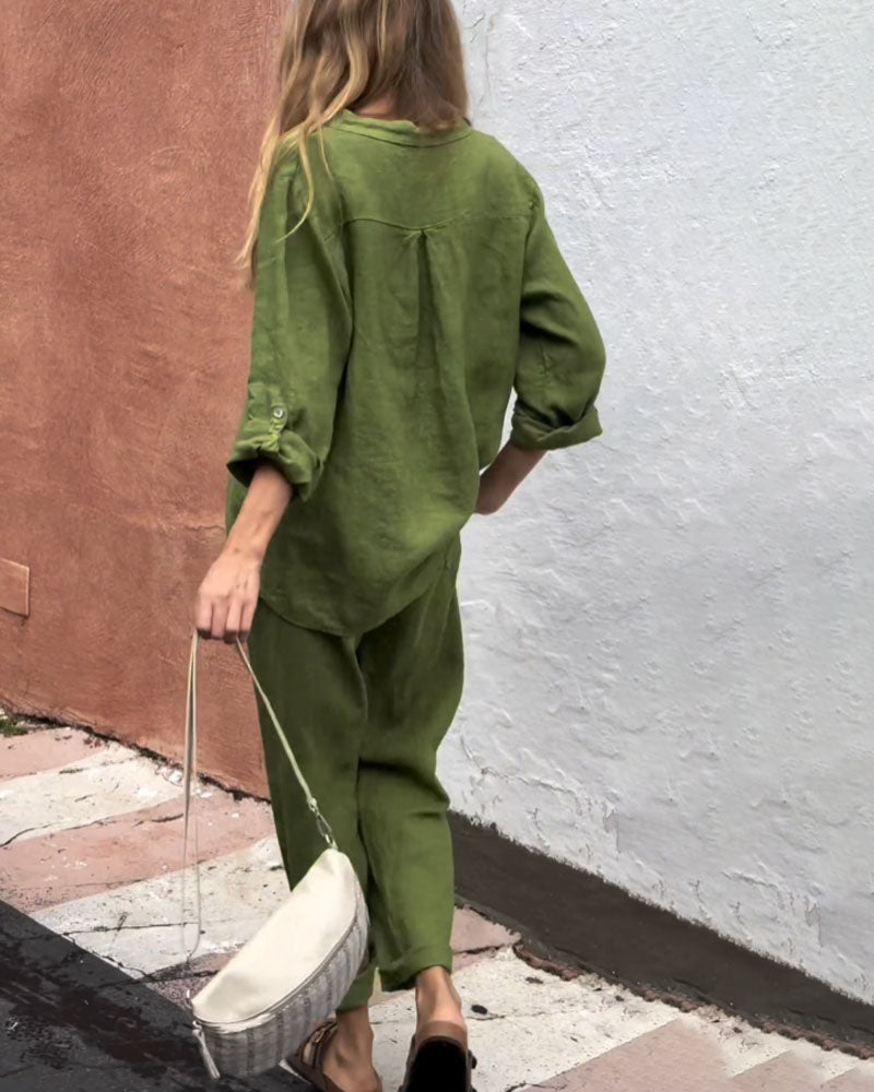 Amara™ | Casual Solid Color V-Neck Shirt & Pants Cotton Linen Two-Piece Set